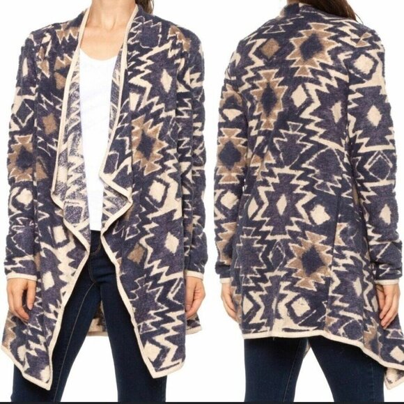 Lucky Brand Cardigan Women Medium Cream Aztec South Western Drape Front Open - Picture 3 of 10